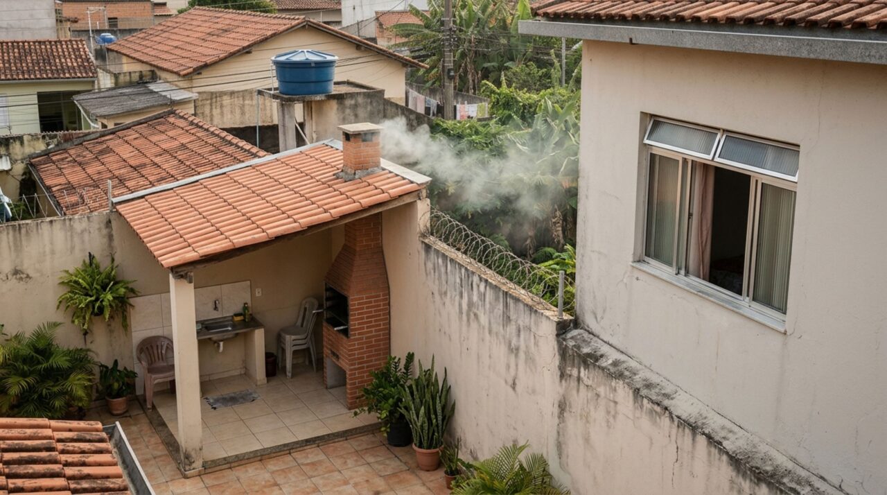 Casal constrói uma área gourmet junto ao muro para aproveitar o quintal e, vizinho percebe que a nova chaminé libera fumaça perto da janela do quarto das crianças