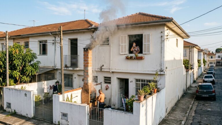 Vizinho eleva a churrasqueira com mais uma fileira de tijolos para afastar a fumaça e acaba deixando a saída exatamente na altura da janela do segundo andar ao lado