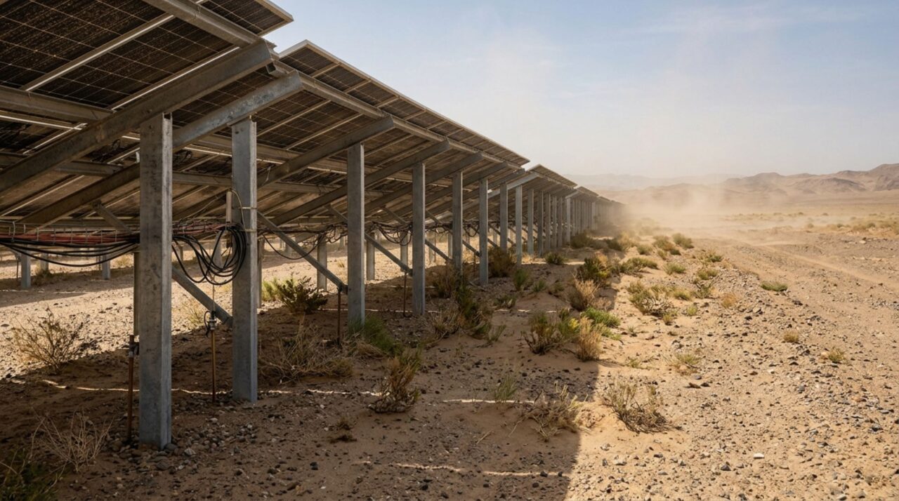 Painéis fotovoltaicos funcionam como obstáculos ao vento e podem reduzir o transporte de poeira nas áreas ocupadas