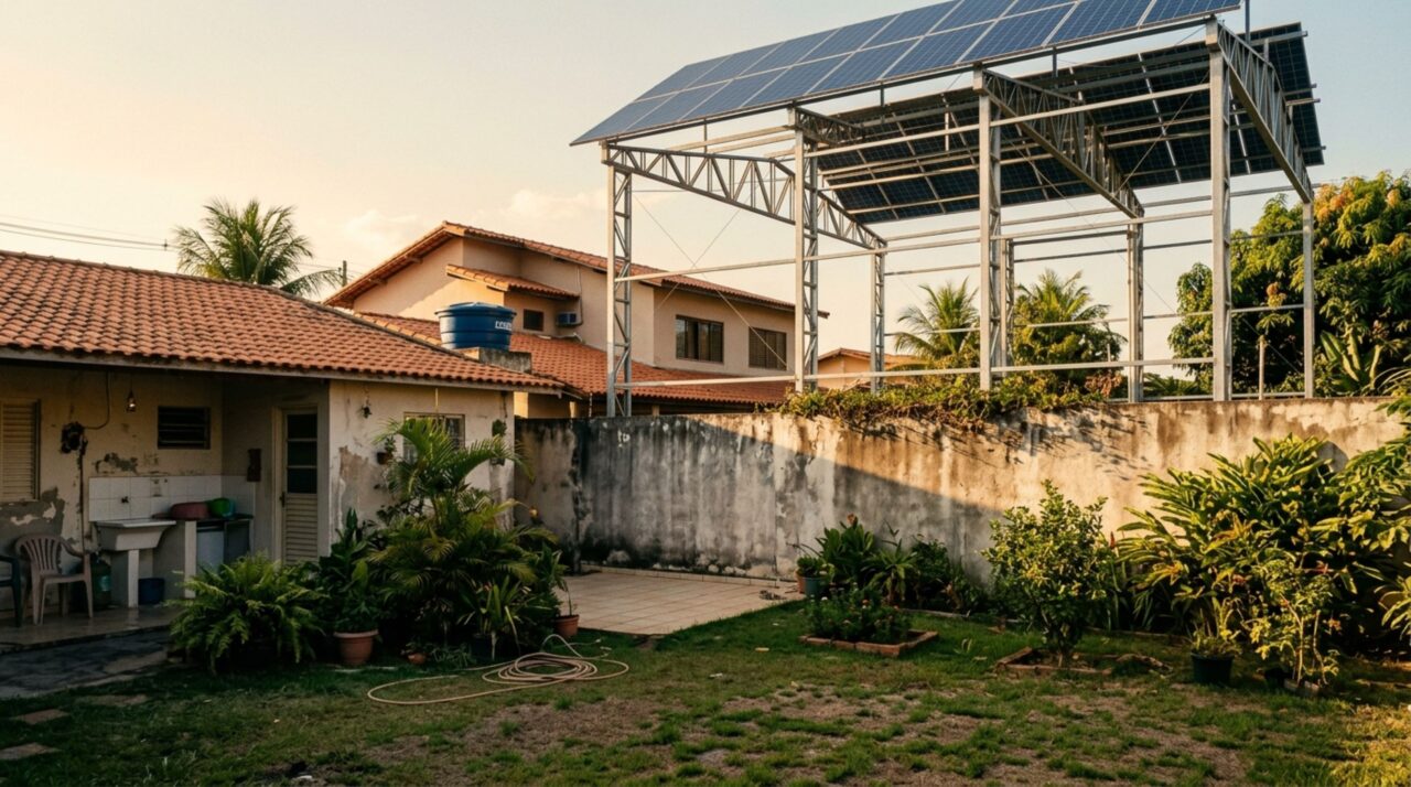 Vizinho instala placas solares sobre uma estrutura elevada no quintal e moradora percebe que o novo conjunto projeta sombra sobre suas plantas durante boa parte da tarde