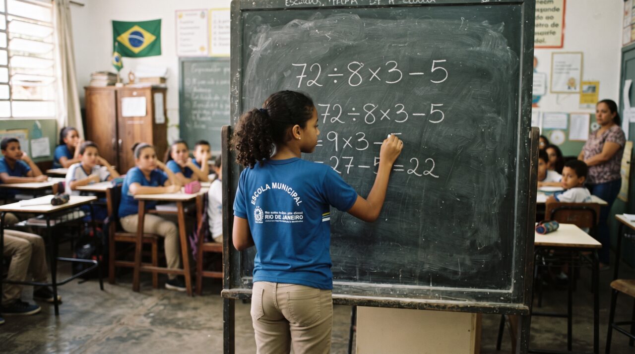 Resolução passo a passo e erro comum da conta de matemática 72 ÷ 8 × 3 – 5.