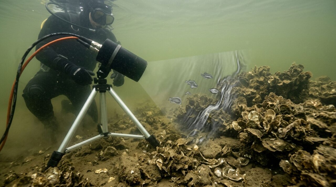 Sonar de alta resolução revelou peixes sobre recifes em águas turvas