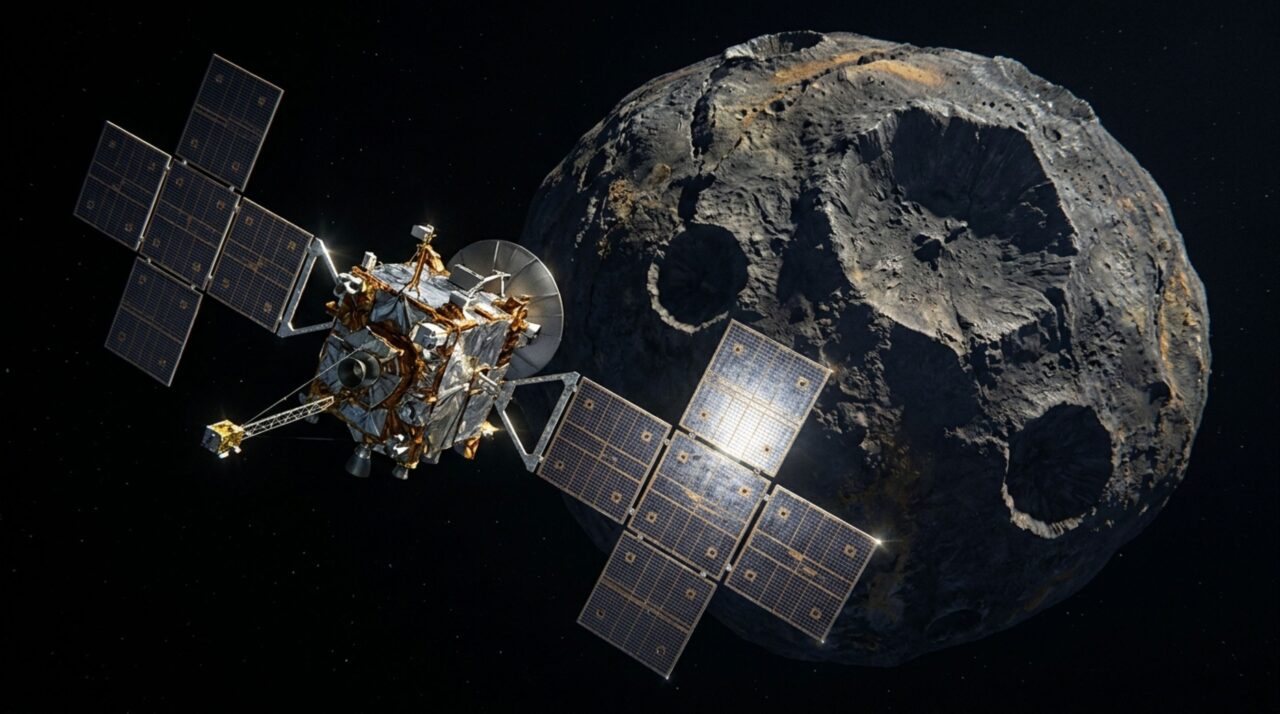 A missão Psyche, lançada pela NASA em 2023, deverá investigar a composição e a estrutura do asteroide a partir de sua chegada prevista para 2029