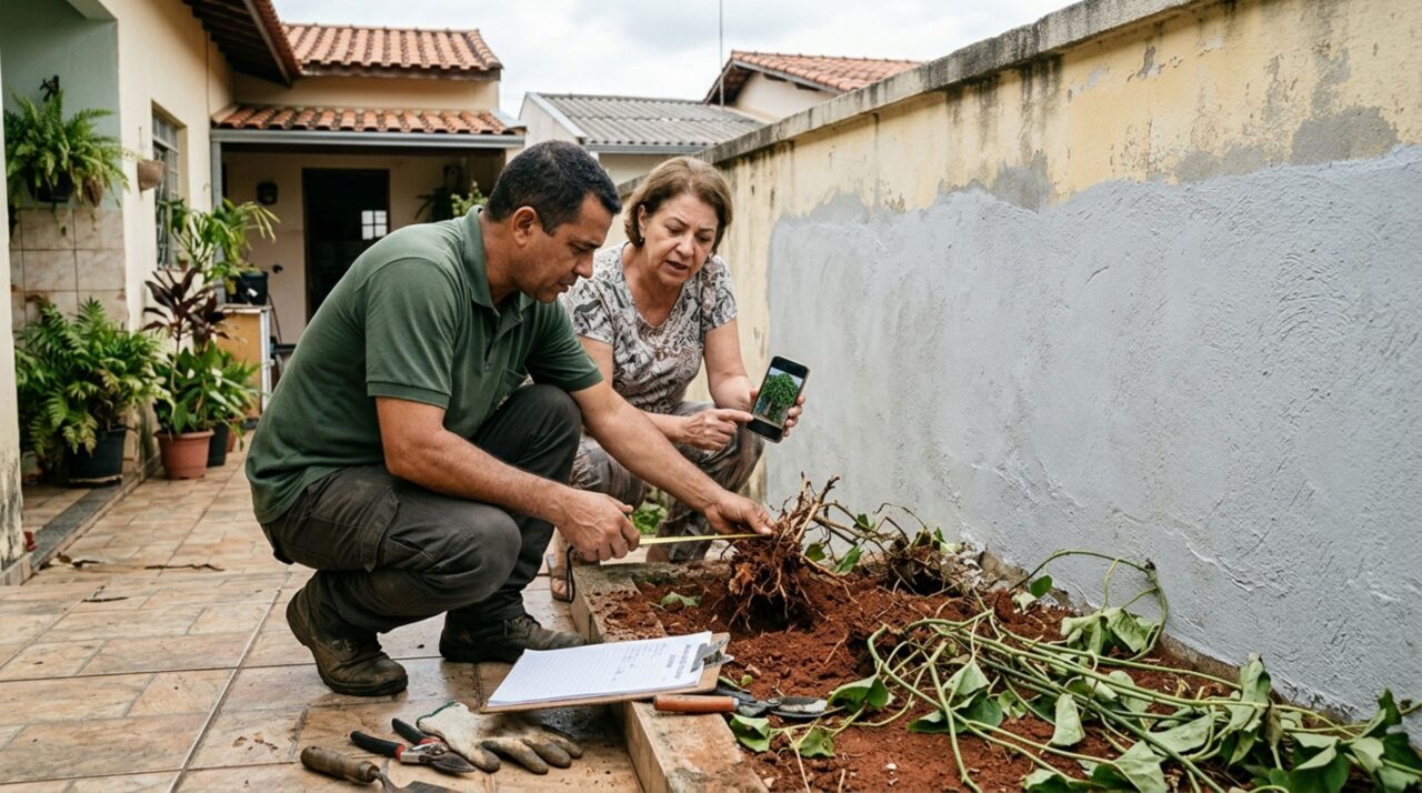 Morador volta de viagem e encontra a trepadeira arrancada do muro pelo vizinho para aplicar impermeabilizante, exige recuperação do jardim e contesta a retirada feita sem aviso