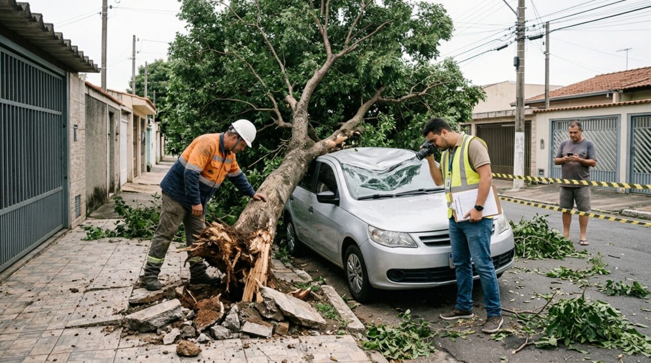 Família deixa o carro estacionado regularmente em frente à própria casa, uma árvore da calçada cai durante a madrugada e destrói o teto do veículo, levando os proprietários a pedir indenização ao município