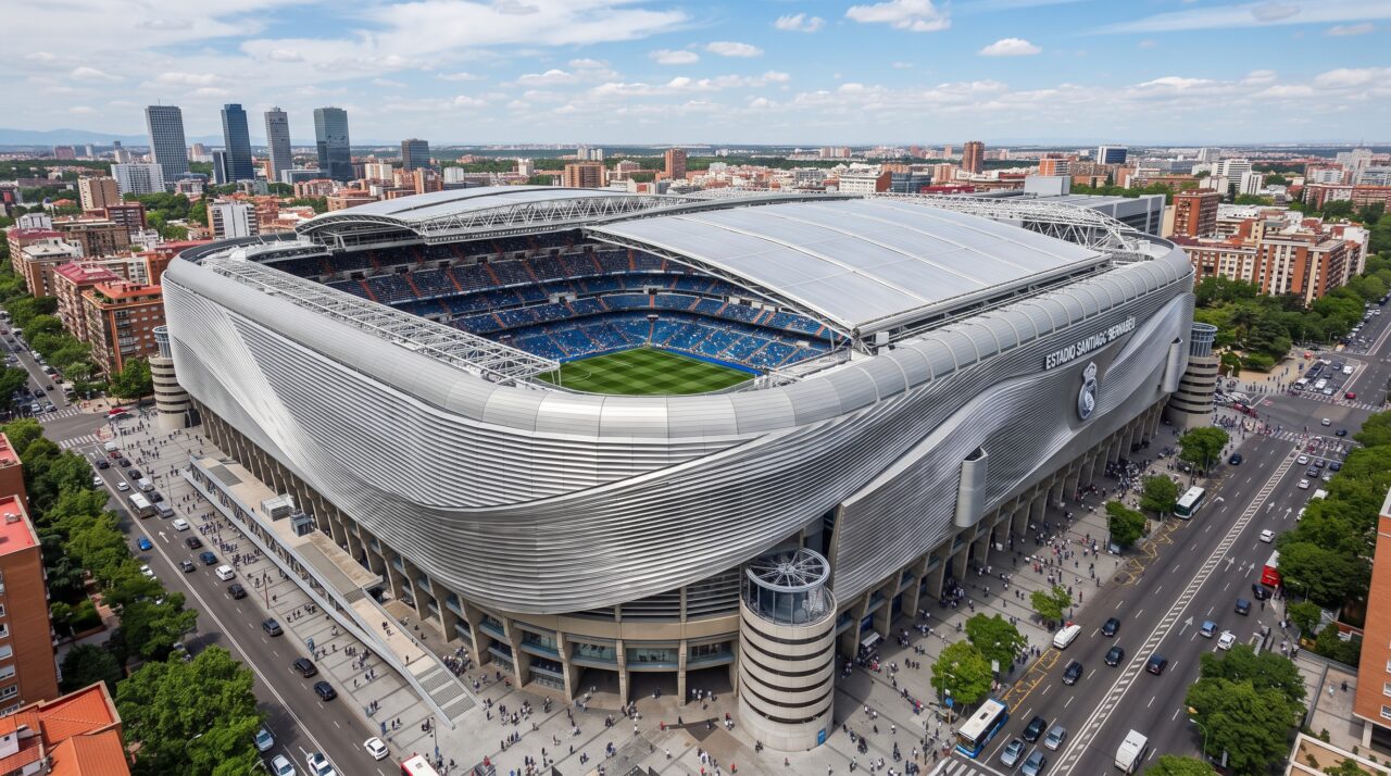 Fachada moderna e teto retrátil do novo Estádio Santiago Bernabéu em Madri.
