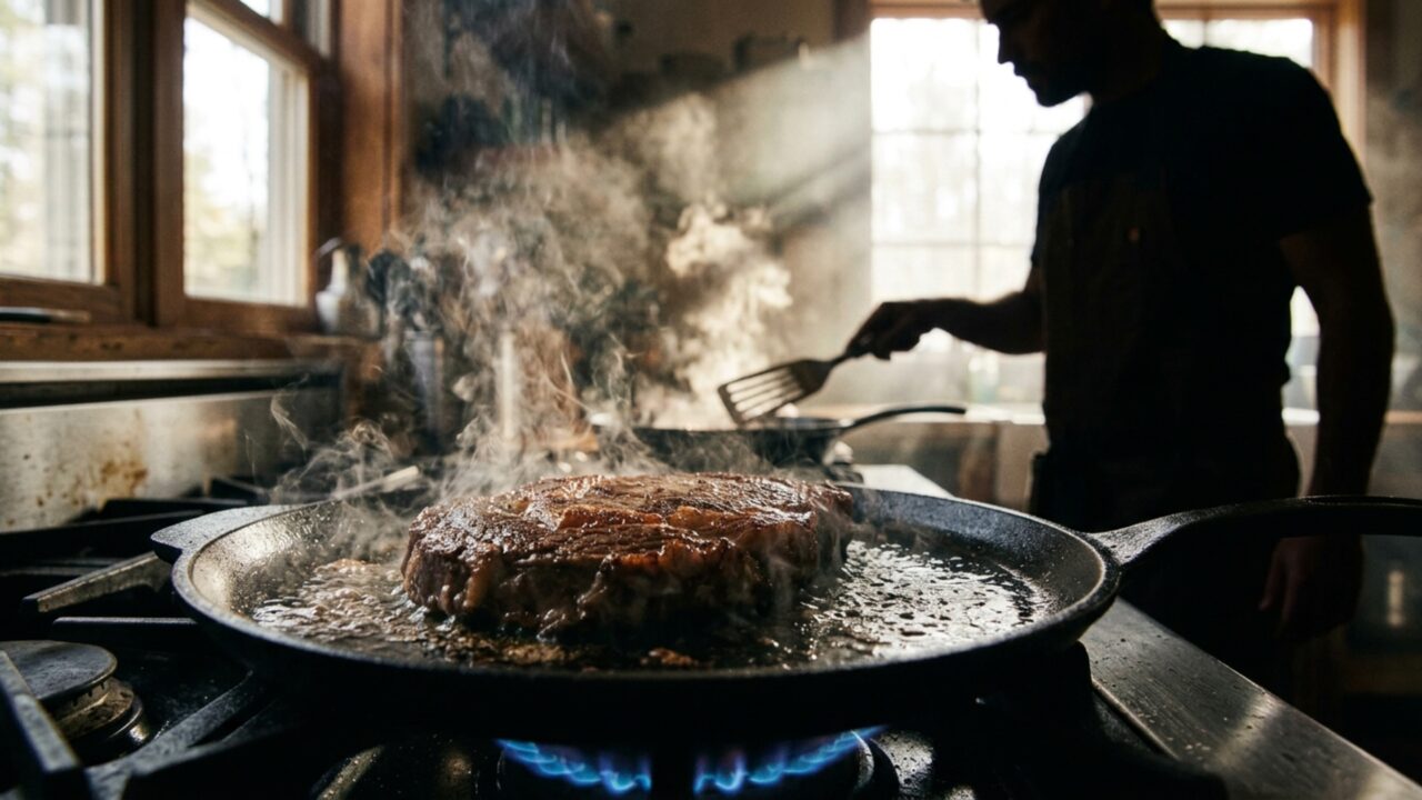 O bife não precisa de mais óleo para criar uma boa crosta: frigideira quente e carne seca são os detalhes que mudam o resultado