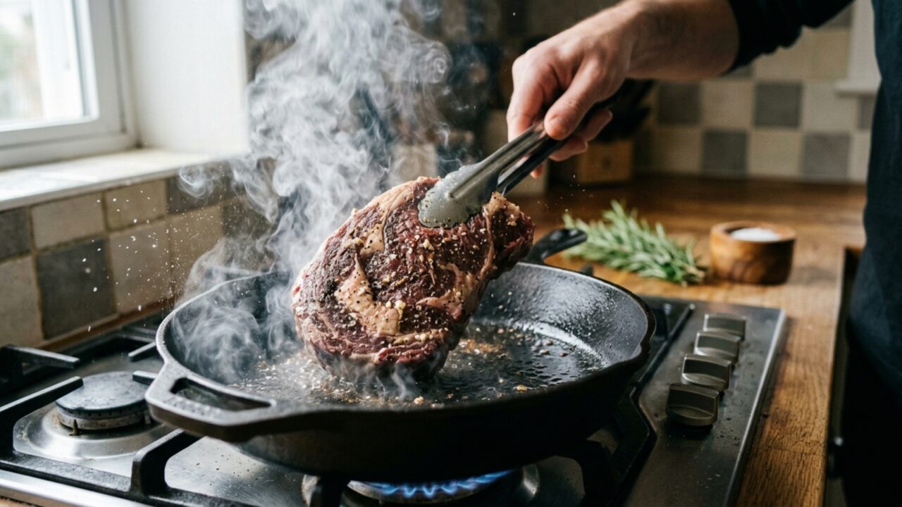 O bife não precisa de mais óleo para criar uma boa crosta: frigideira quente e carne seca são os detalhes que mudam o resultado