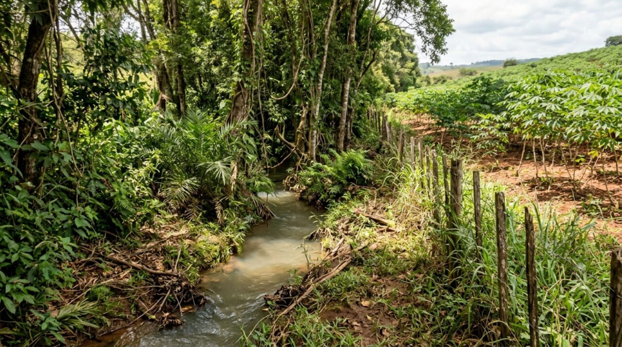 Riacho em propriedade rural com margens cobertas por vegetação nativa e plantação de mandioca afastada da água