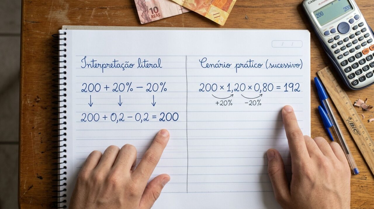 Quanto é 200 + 20% − 20%? A porcentagem confunde a maioria dos que tentam