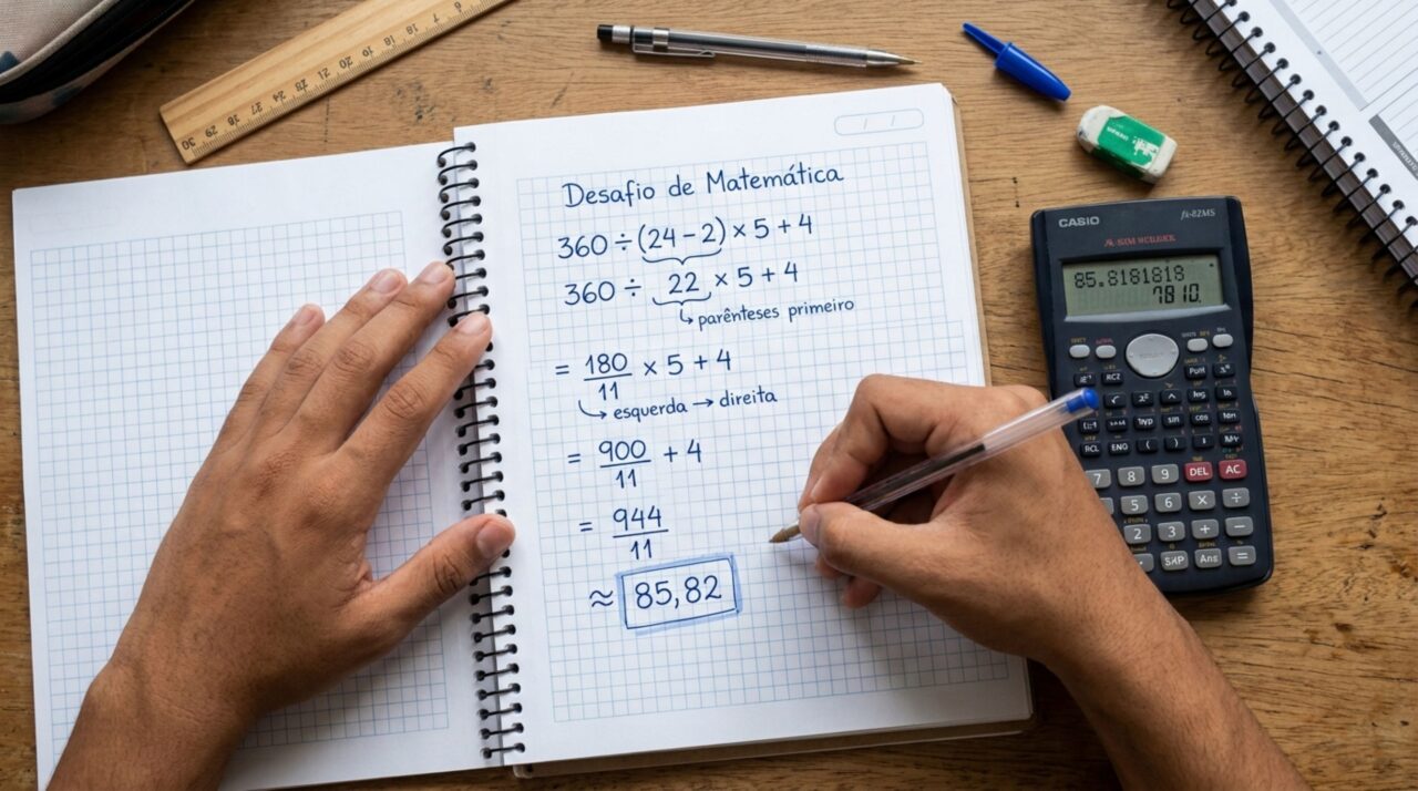 Resolva 360 ÷ (24 − 2) × 5 + 4 sem calculadora e enfrente um verdadeiro desafio matemático