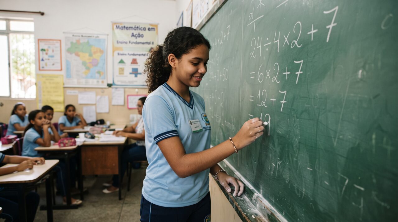 Resolução da expressão matemática 24 ÷ 4 × 2 + 7 e a ordem de operações