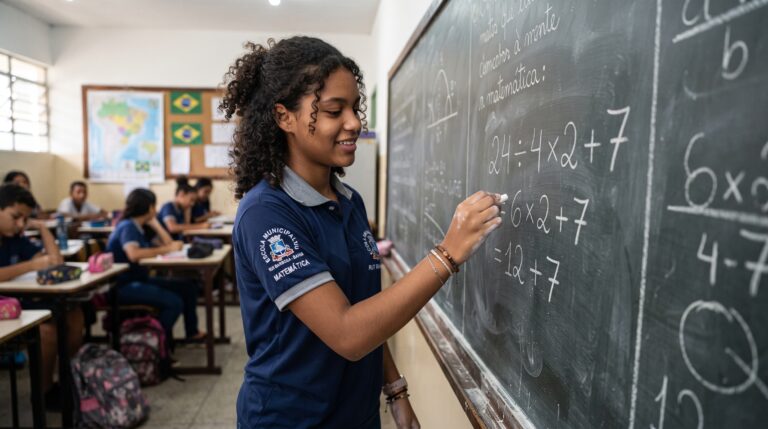 Resolução da expressão matemática 24 ÷ 4 × 2 + 7 e a ordem de operações