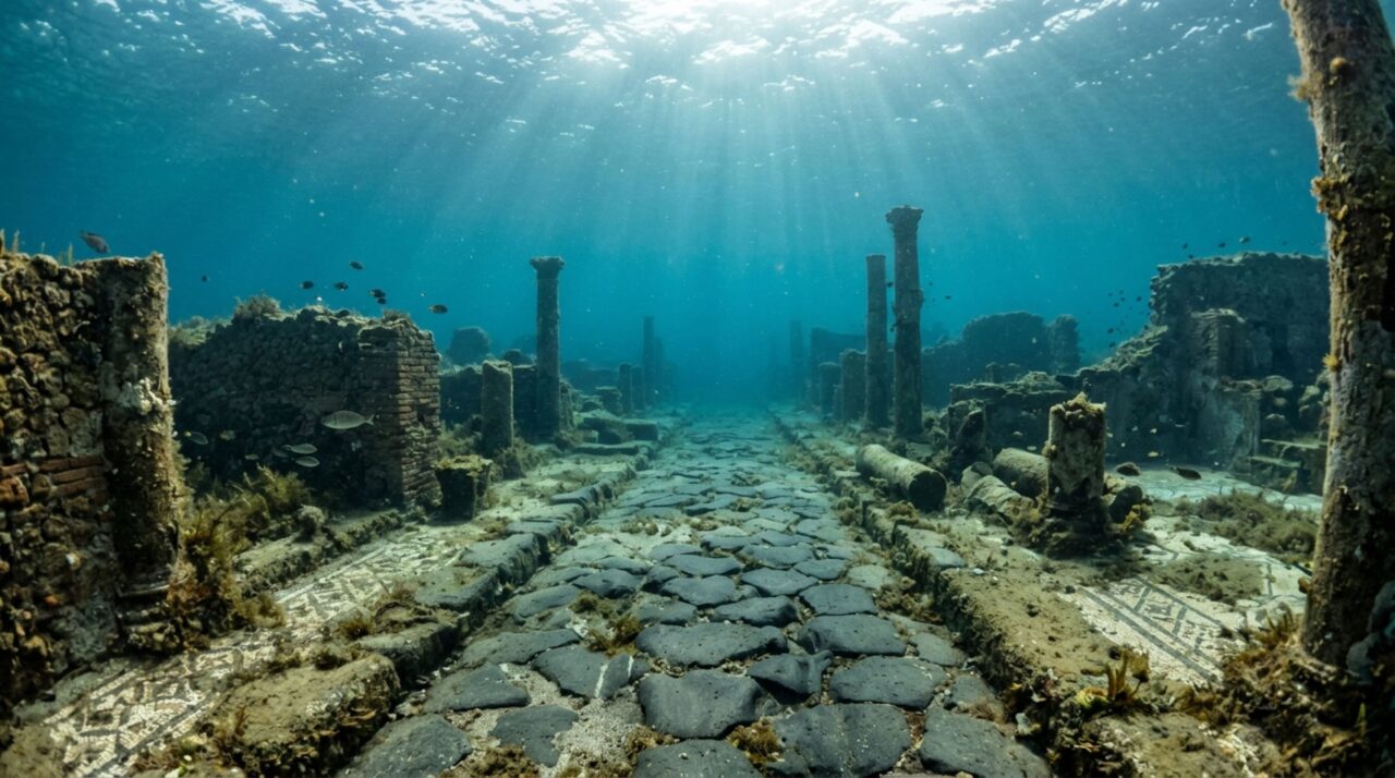 A cidade romana que acabou submersa e ainda preserva ruas, colunas e mosaicos sob o mar perto de Nápoles