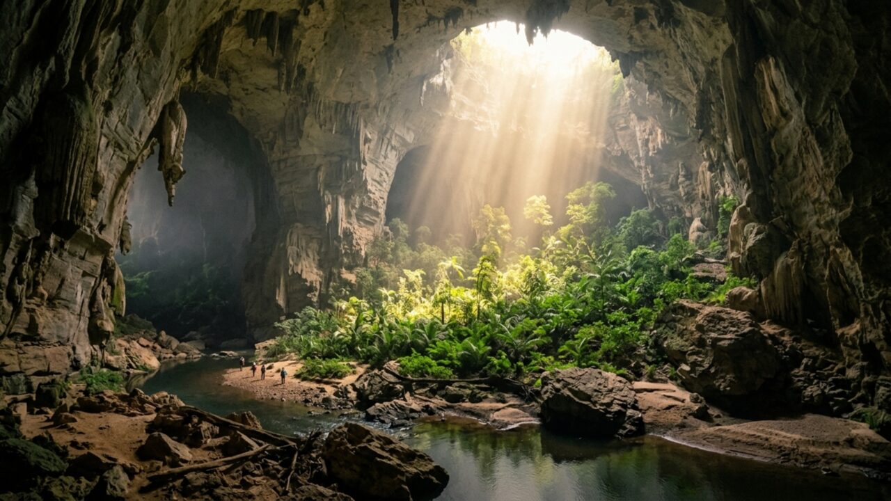 Uma enorme caverna brasileira possui salões de até 100 metros de altura porque um rio passou milhares de anos dissolvendo a rocha por dentro