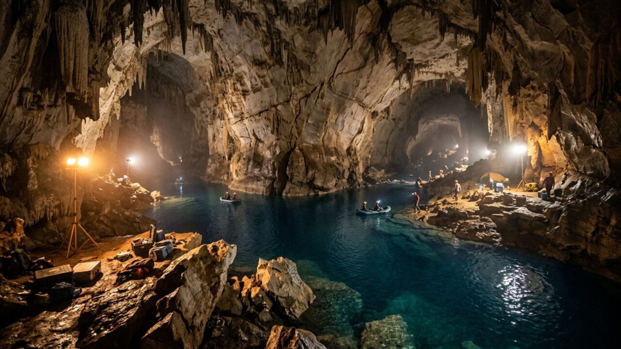 Uma enorme depressão no solo termina em um rio subterrâneo navegável e revela como o teto de antigas cavernas pode desaparecer lentamente