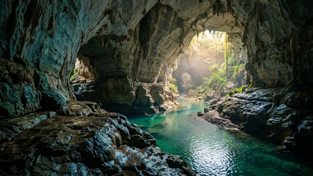 Um enorme abismo se abriu quando o teto de antigas cavernas cedeu e hoje revela parte do rio que continua correndo sob a rocha