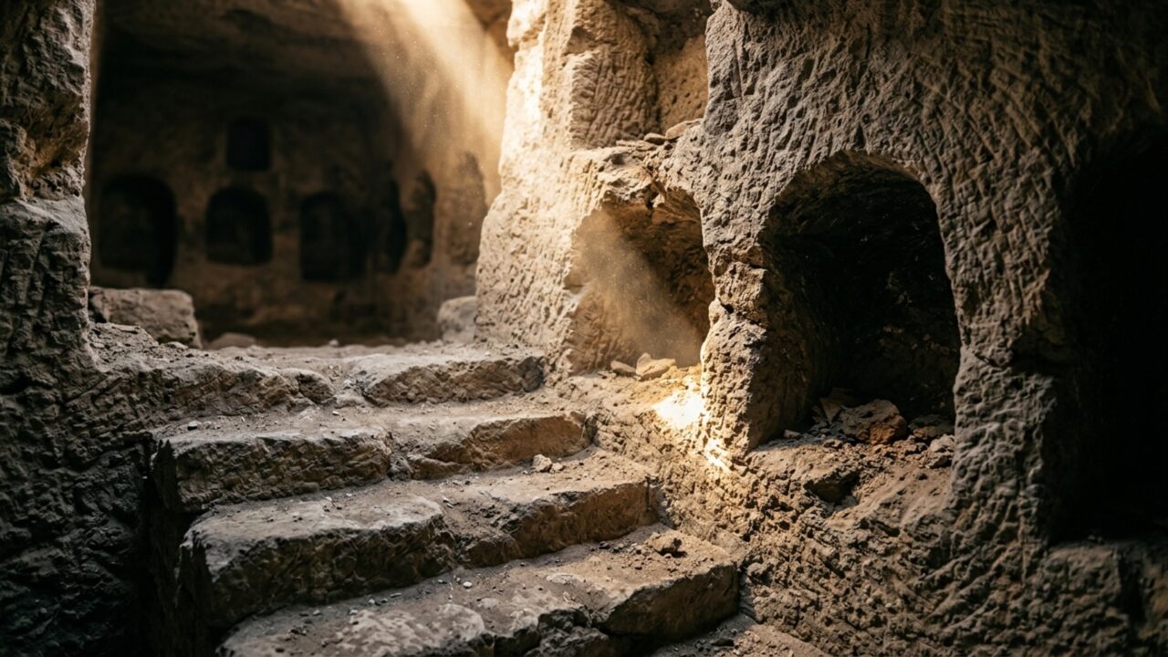 Sob um acampamento romano no delta do Nilo apareceram tumbas escavadas na rocha onde o solo quase nunca preserva esse tipo de construção