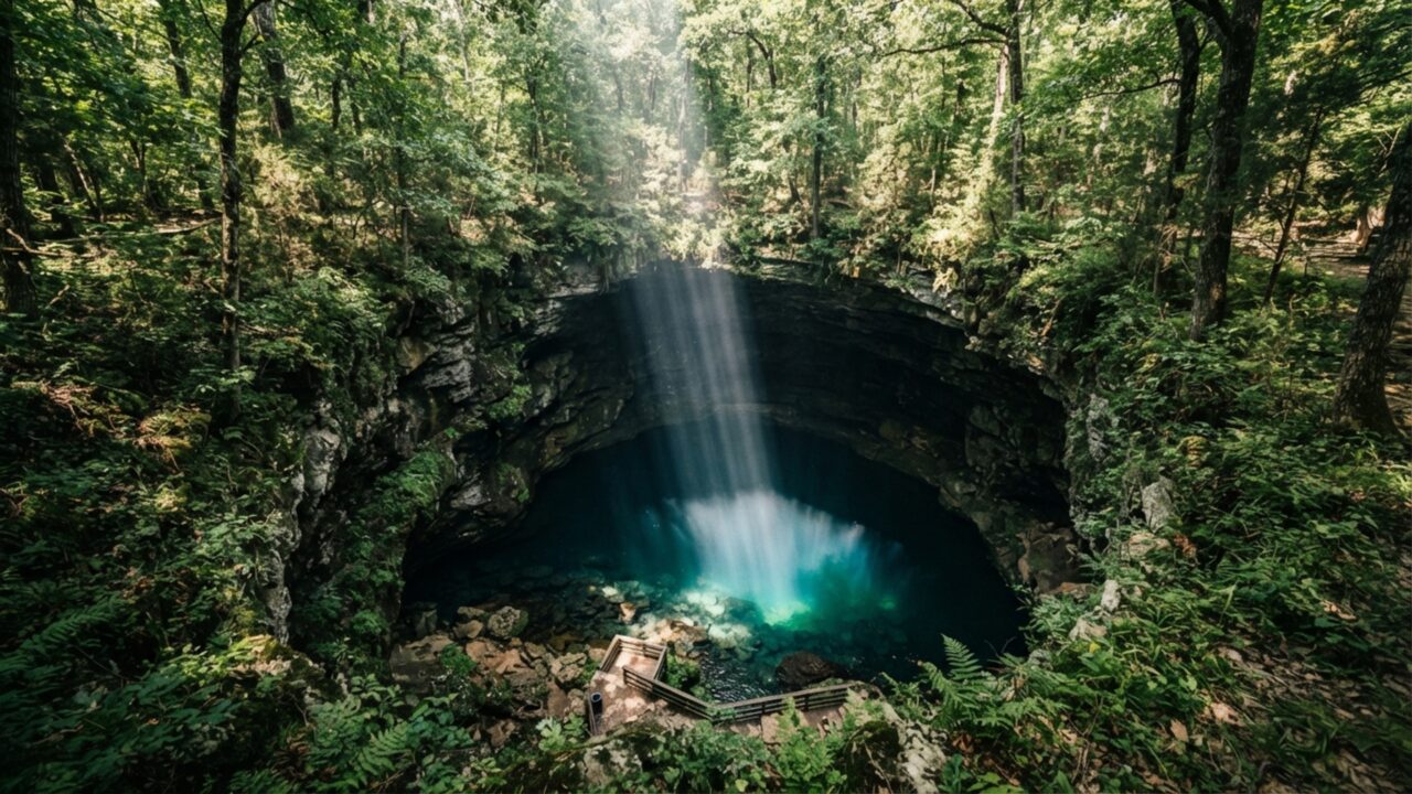 O buraco aberto no meio de uma floresta que permite enxergar um lago subterrâneo formado quando o teto de uma enorme caverna desabou