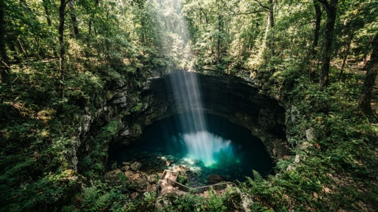 O buraco aberto no meio de uma floresta que permite enxergar um lago subterrâneo formado quando o teto de uma enorme caverna desabou
