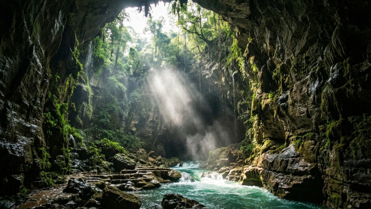 Um enorme abismo se abriu quando o teto de antigas cavernas cedeu e hoje revela parte do rio que continua correndo sob a rocha