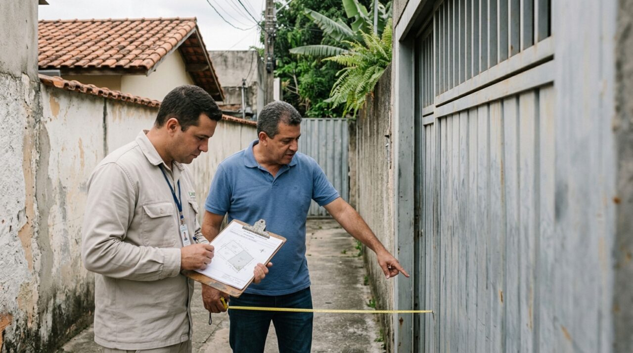 Morador instala um portão maior para proteger sua garagem, vizinho descobre que a abertura ocupa parte da passagem usada há muitos anos e exige a mudança da estrutura, mas a escritura não menciona nenhuma servidão