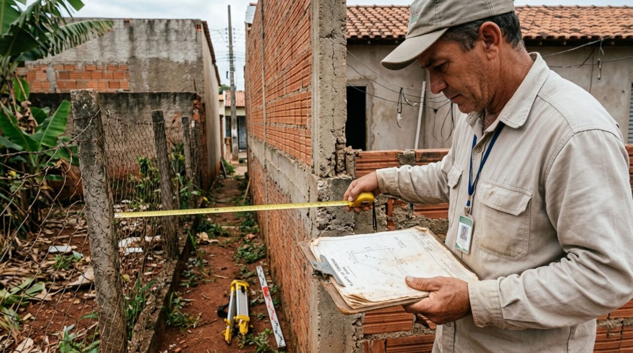 Família contrata pedreiro para construir um muro de divisa, vizinho descobre que a fundação avançou 40 centímetros para dentro de seu terreno e exige a demolição, mas uma medição antiga mostra que a cerca já estava fora do alinhamento