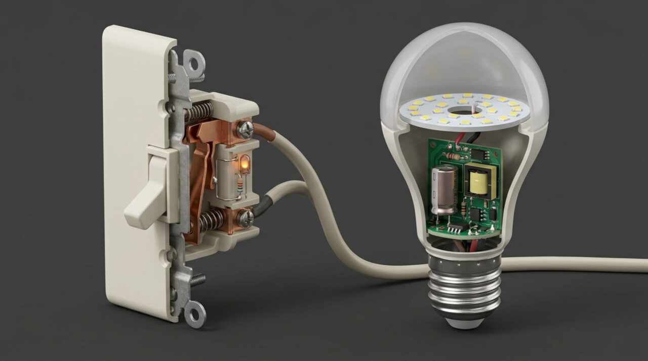 Em algumas instalações, a corrente residual do interruptor iluminado pode carregar componentes internos da lâmpada LED e provocar piscadas intermitentes