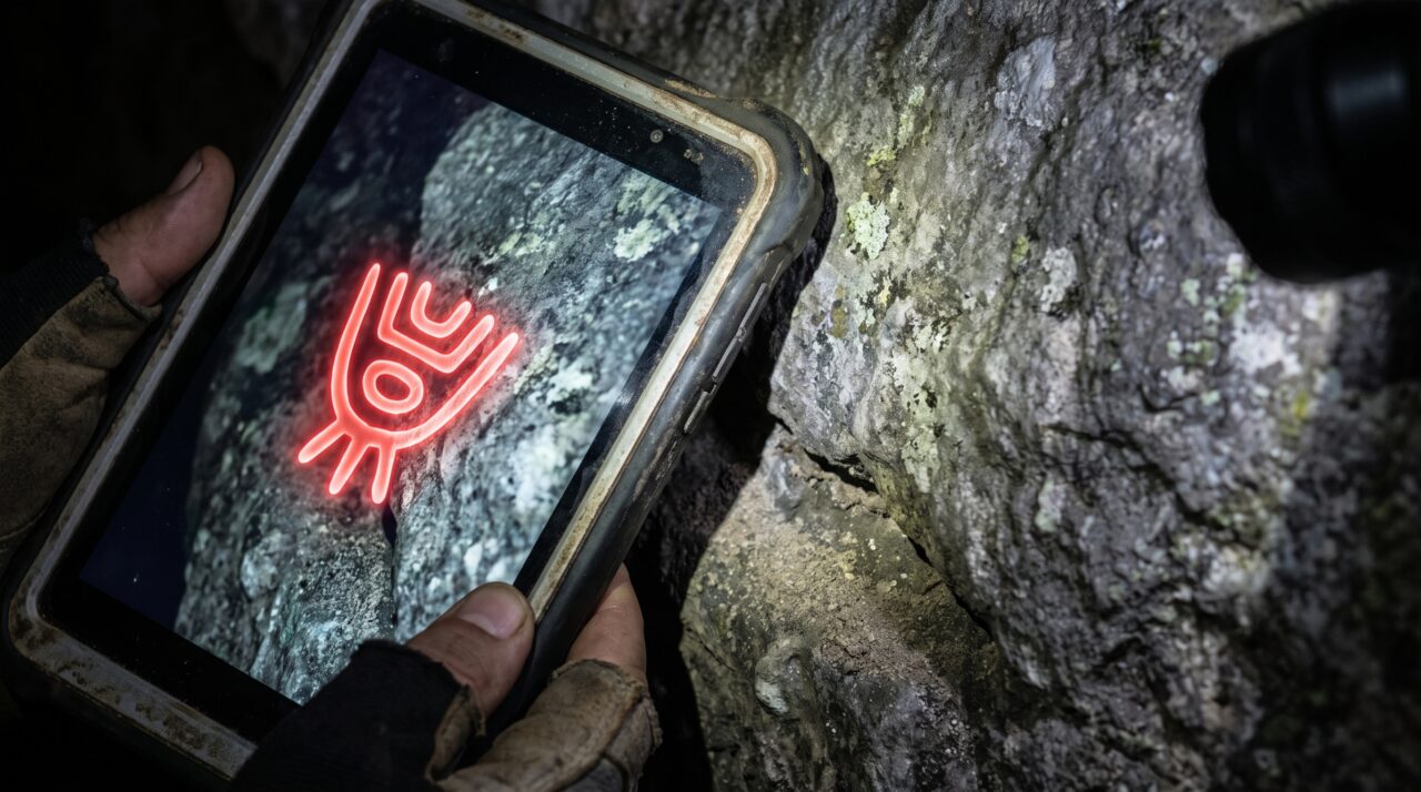 Uma caverna mexicana guardou três símbolos vermelhos quase apagados e novas imagens podem aproximar pesquisadores da escrita de Teotihuacan
