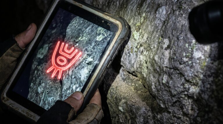 Uma caverna mexicana guardou três símbolos vermelhos quase apagados e novas imagens podem aproximar pesquisadores da escrita de Teotihuacan