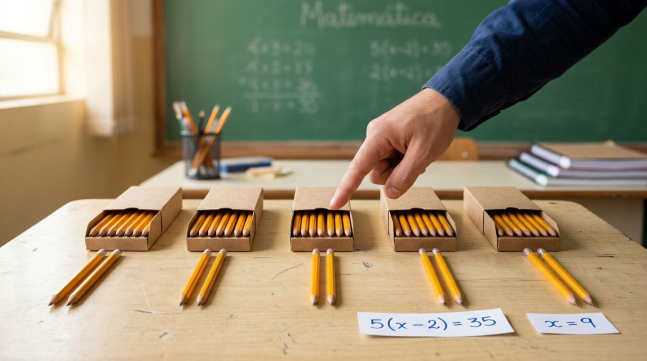 Quanto vale x em 5 (x − 2) = 35? Um detalhe nos parênteses muda toda a resolução