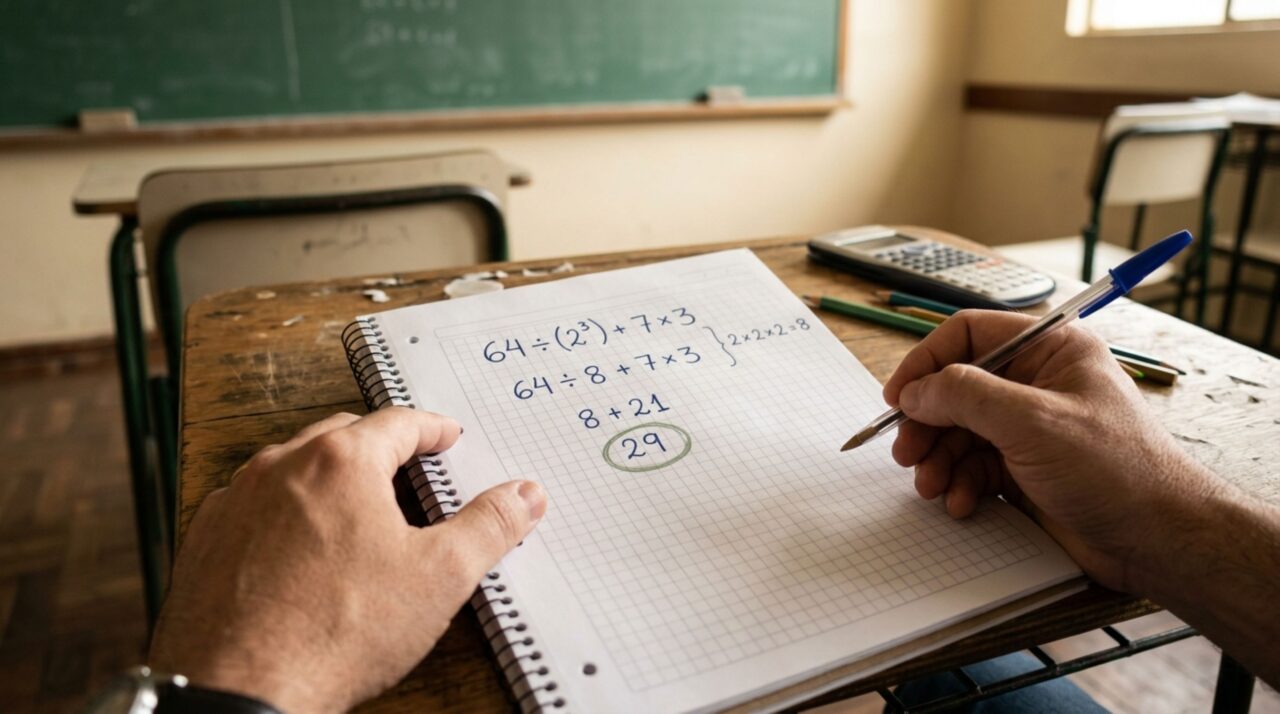 Somente 3 a cada 9 pessoas resolve corretamente 64 ÷ (2³) + 7 × 3 utilizando cálculos mentais