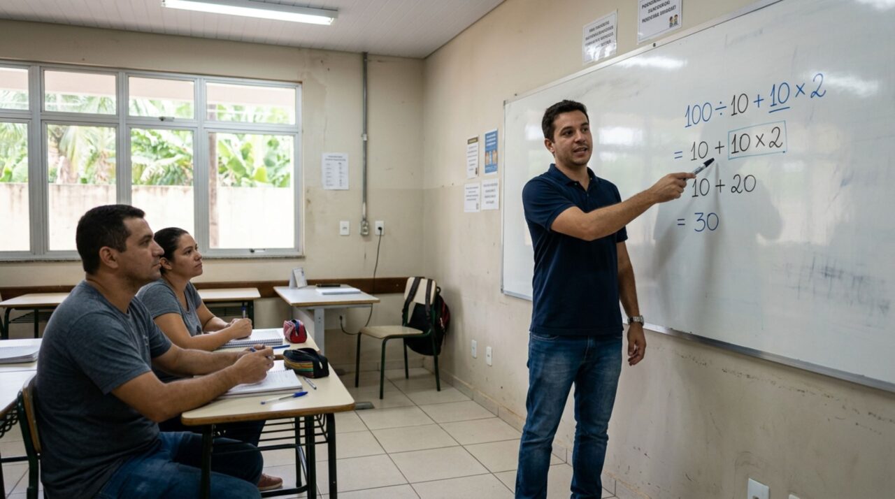 Quanto é 100 ÷ 10 + 10 × 2? A conta que divide adultos e testa a memória escolar