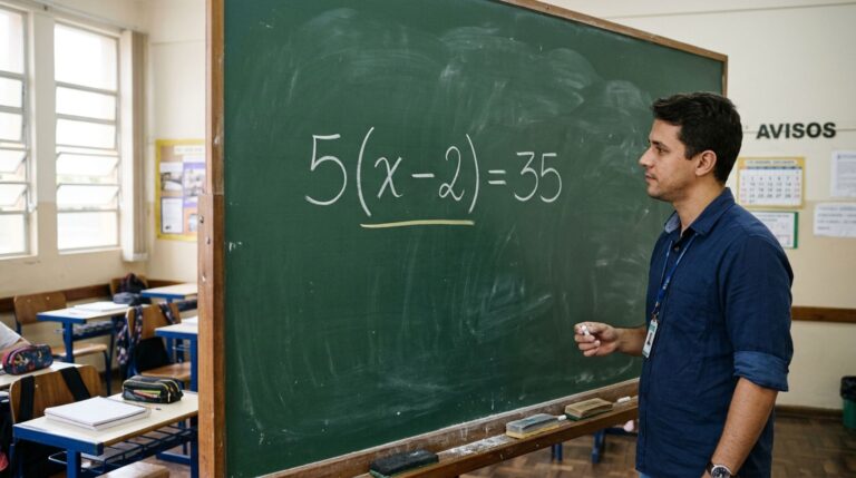 Quanto vale x em 5 (x − 2) = 35? Um detalhe nos parênteses muda toda a resolução