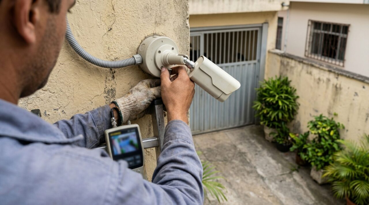 Ajustar a inclinação da câmera ajuda a limitar o enquadramento à entrada da residência e preservar a privacidade dos vizinhos