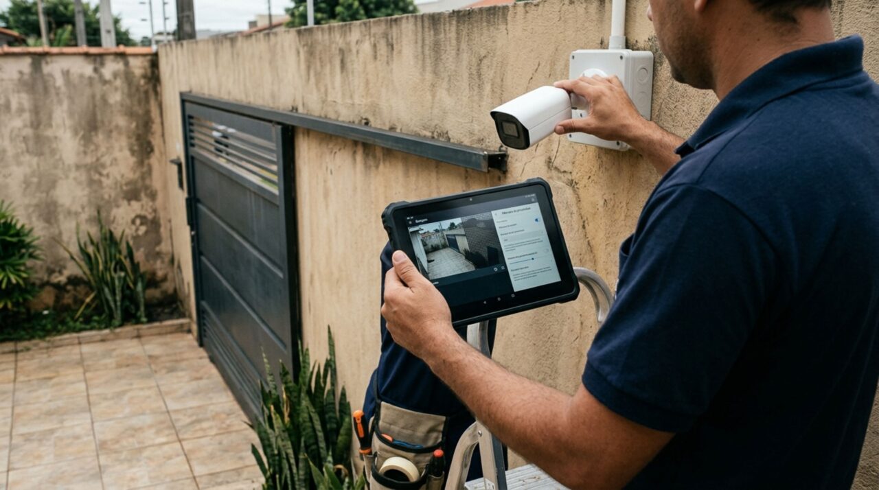 Proprietário instala uma câmera sobre o muro depois de furtos na rua, vizinha descobre que o equipamento registra sua piscina e parte das janelas dos quartos e exige a mudança, mas imagens comprovam que o aparelho também monitora a entrada da garagem