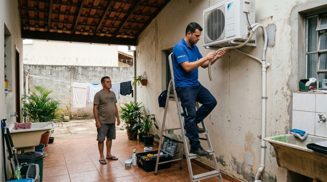Morador instala um ar-condicionado na parede externa para enfrentar o calor e vizinha percebe gotas caindo diariamente sobre as roupas estendidas no quintal