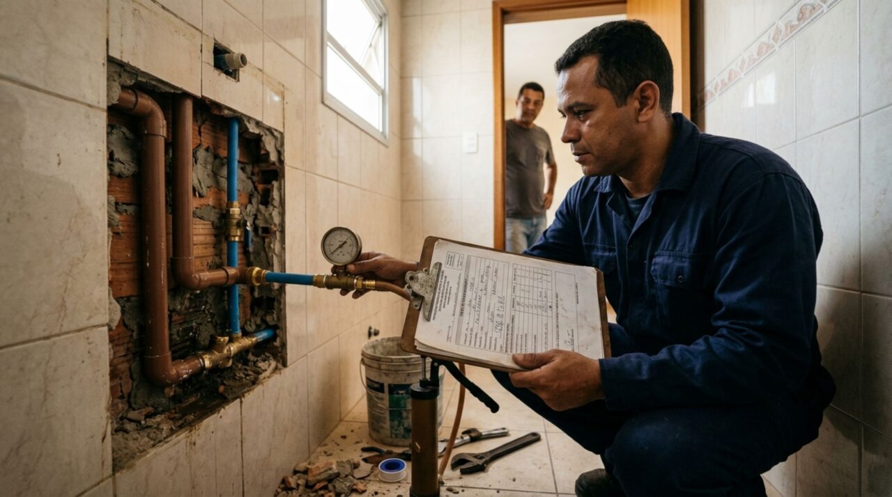 Morador reforma o banheiro do sexto andar e troca toda a tubulação, vizinha do apartamento de baixo encontra o teto molhado e móveis danificados, mas o teste de estanqueidade aponta uma falha que não existia antes da obra