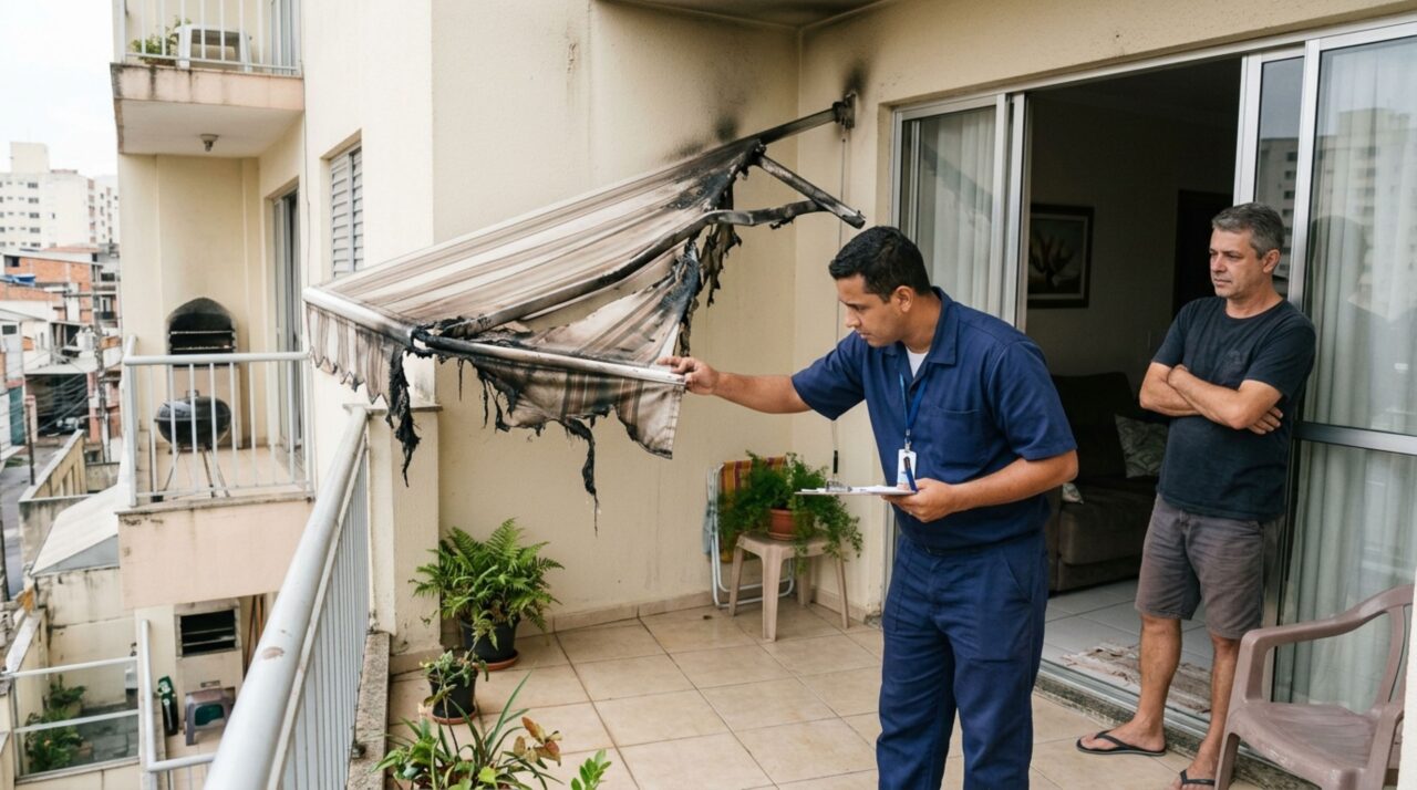 Homem faz churrasco com carvão na varanda de apartamento, brasas atingem o toldo do vizinho durante uma festa e condomínio descobre quem pode responder pelo início do incêndio