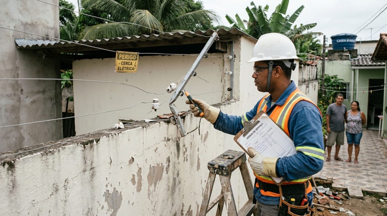 Casal encontra fios da cerca elétrica soltos depois que o vizinho derruba o topo do muro para apoiar uma cobertura, pede a retirada da obra e a recuperação do sistema de segurança