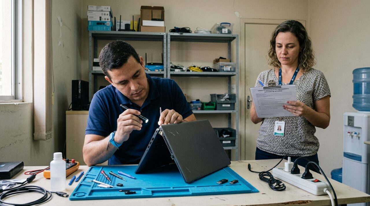Funcionário devolve o notebook corporativo ao pedir demissão, recebe um desconto por suposto defeito dias depois e descobre quais condições precisam ser analisadas antes de aceitar a cobrança
