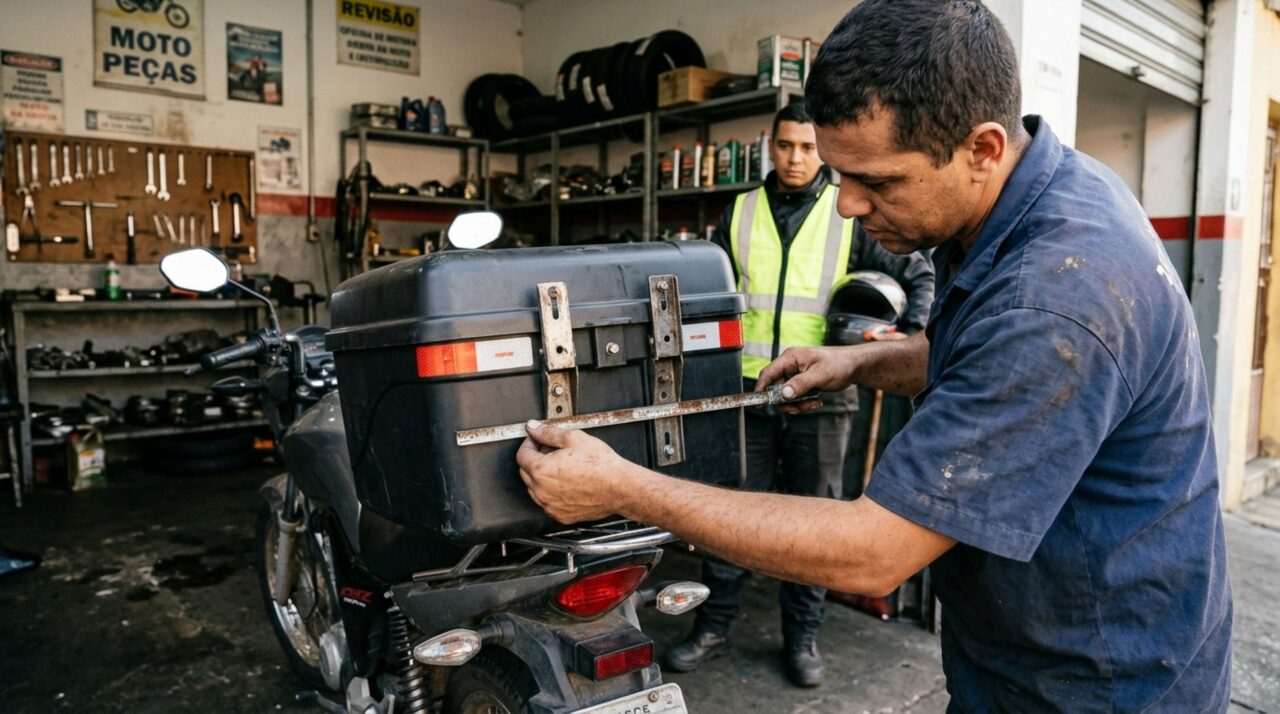 Motociclista começa a trabalhar com entregas por aplicativo, instala uma caixa de transporte na moto e descobre que o uso profissional do veículo pode exigir cuidados além daqueles de uma viagem particular