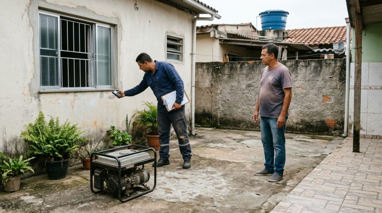 Família instala um gerador de energia no quintal para enfrentar apagões e morador ao lado percebe cheiro de escapamento entrando pela janela durante os testes