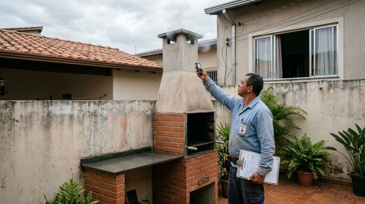 Casal constrói uma área gourmet junto ao muro para aproveitar o quintal e, vizinho percebe que a nova chaminé libera fumaça perto da janela do quarto das crianças