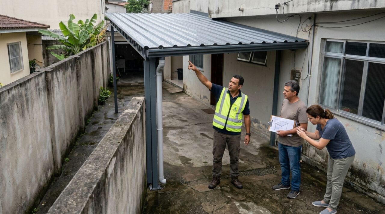 Morador instala uma cobertura metálica sobre toda a garagem para proteger os carros e família vizinha percebe que a chuva começa a escorrer diretamente para seu quintal