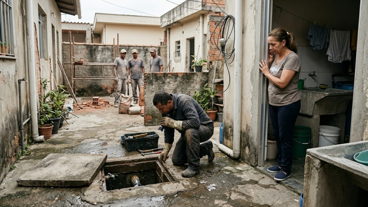 Empresa faz um teste de escoamento durante a reforma de uma casa e moradora do imóvel ao lado encontra água com resíduos saindo pelo ralo de sua lavanderia