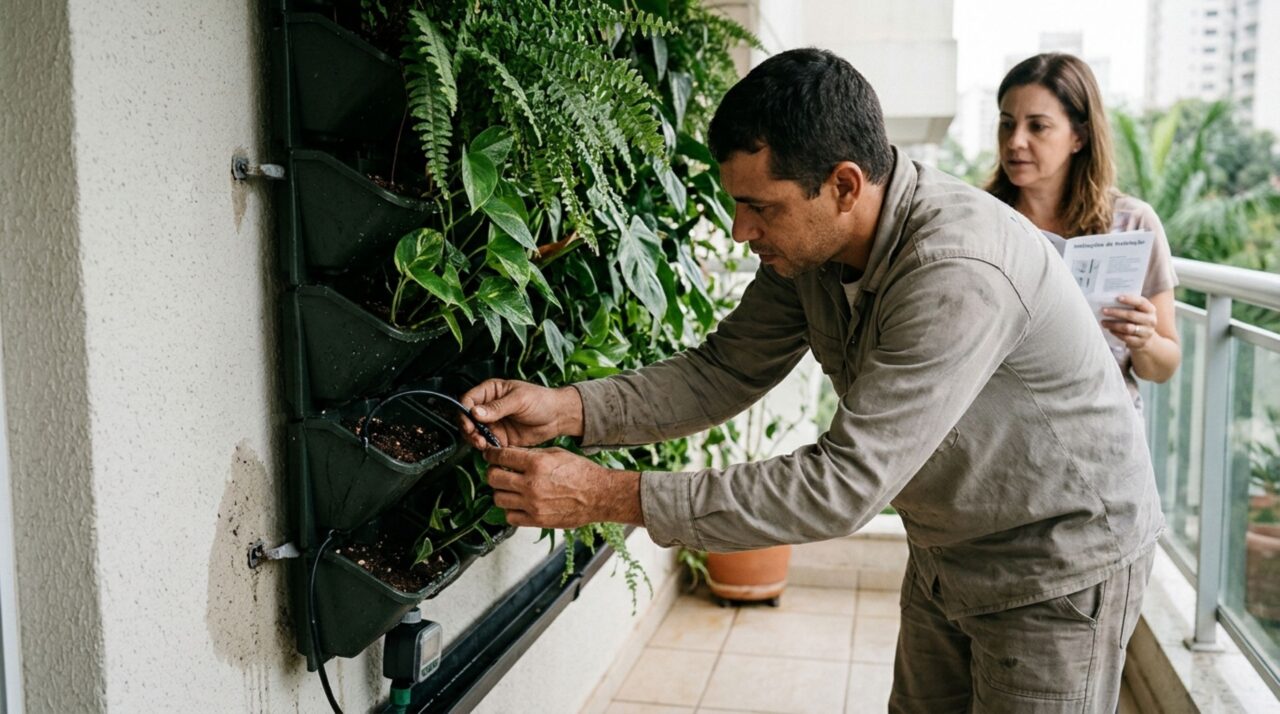 Morador instala um jardim vertical com irrigação automática sobre o muro da varanda e vizinha percebe a pintura do outro lado começando a descascar