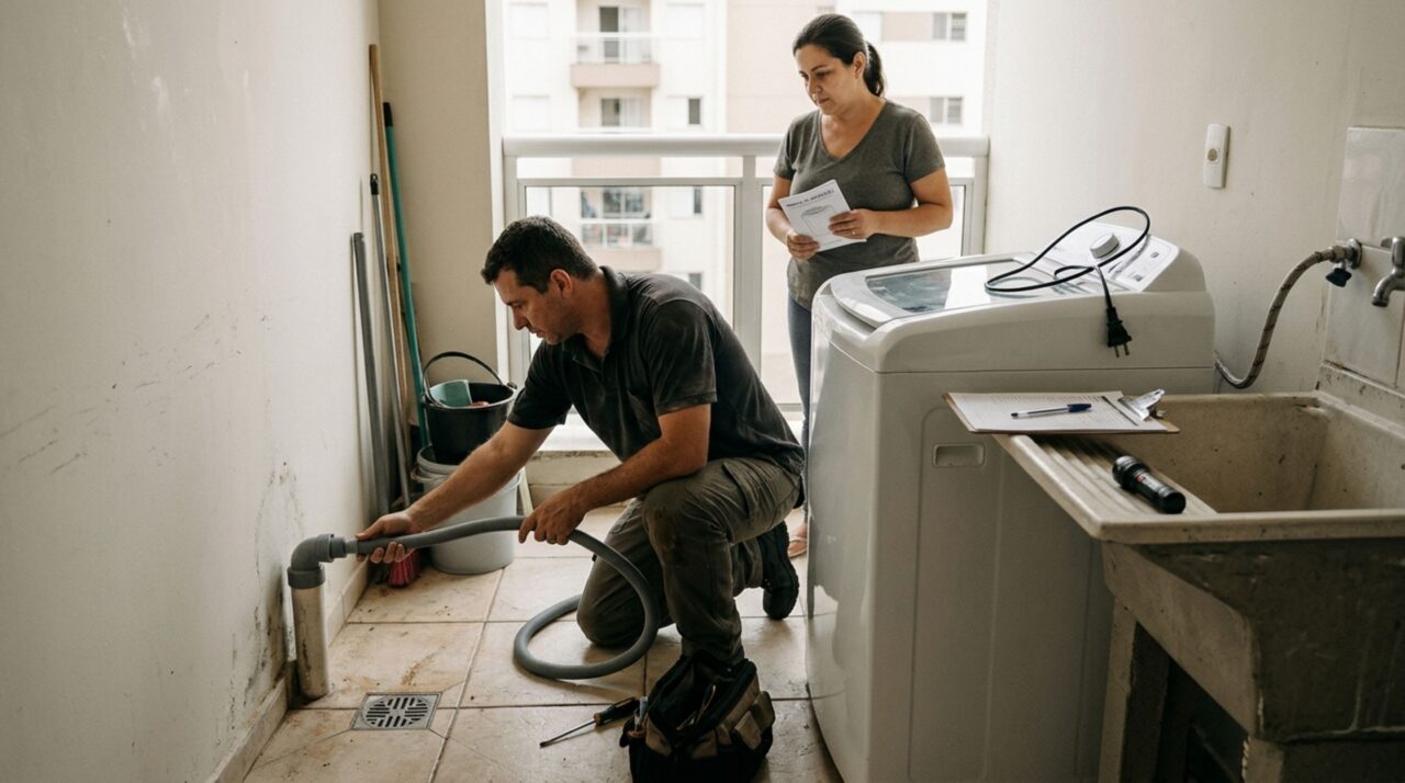 Família coloca uma máquina de lavar na varanda para liberar espaço na cozinha e morador do apartamento inferior percebe água escorrendo pela parede após as lavagens