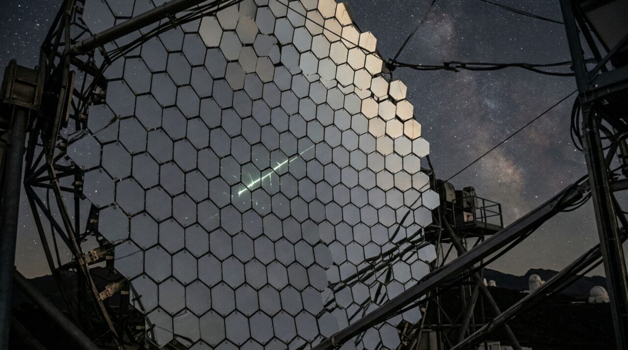 Os 198 segmentos hexagonais do LST-1 formam uma superfície refletora de 23 metros capaz de captar sinais luminosos extremamente rápidos