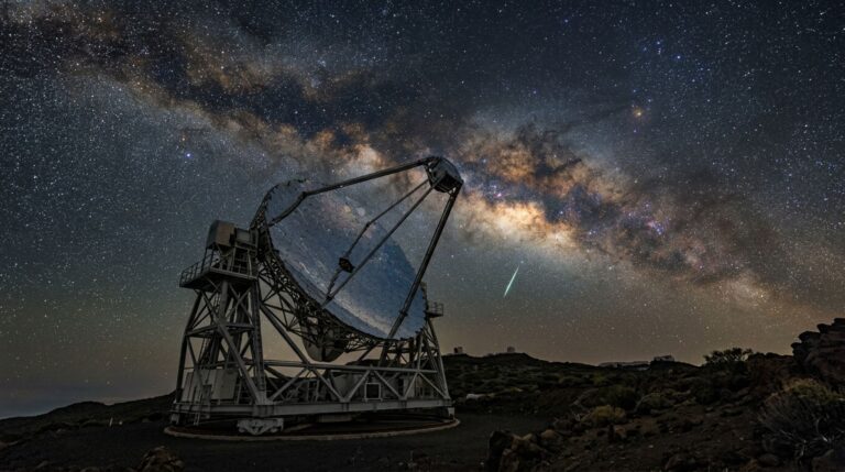 Meteoro Perseida cruza a Via Láctea e tem seu brilho refletido em segmentos do telescópio LST-1, nas Ilhas Canárias